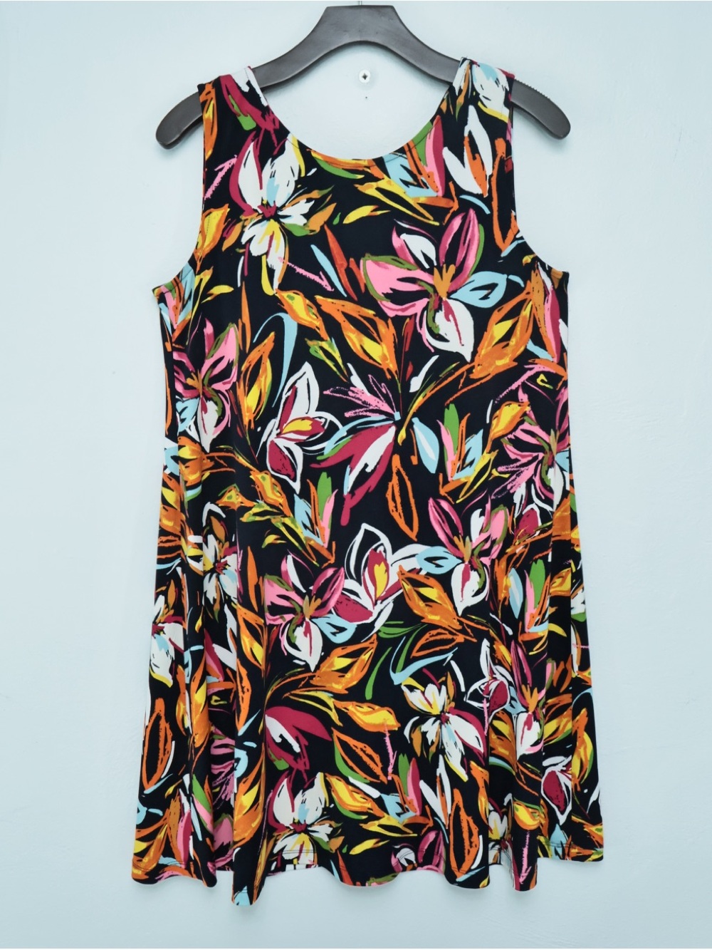 MSK Black Dress with Pink, Green & Yellow Brushprint